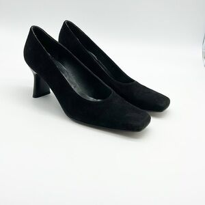 Stuart Weitzman‎ Black Suede Heels Women's 7.5 B Patent Heel Square Toe